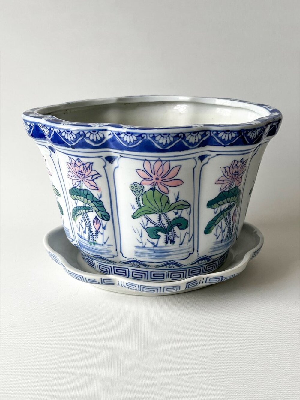 Vintage Hand Painted Lotus Porcelain Planter and Saucer Scalloped Bonsai